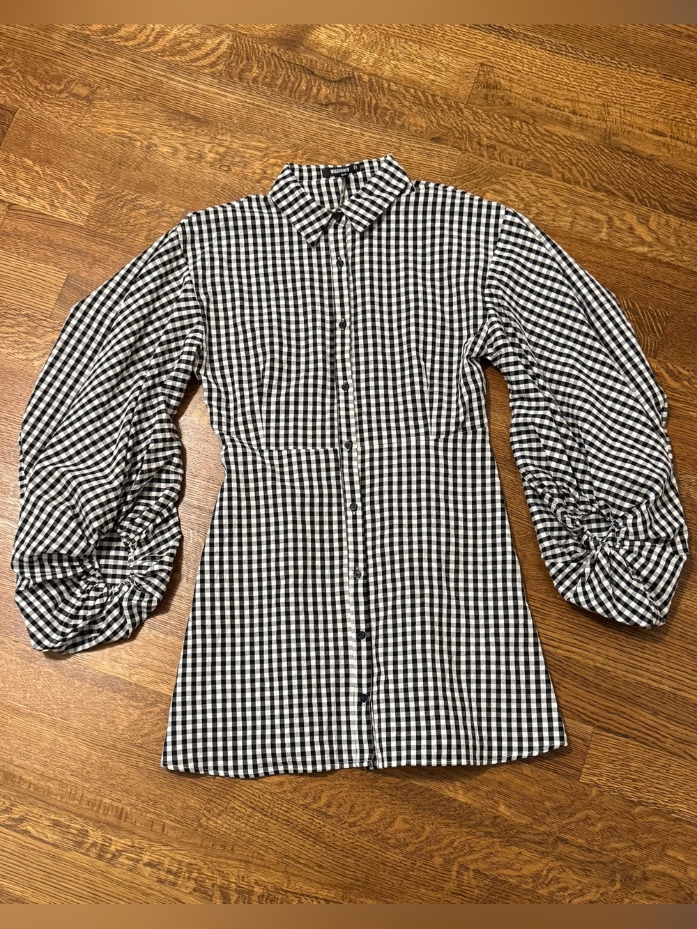 Missguided Black & White Gingham Button-Front Mini Dress with Balloon Sleeves